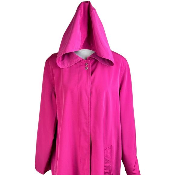 Gallery Pink Hood Button Closure Padded Shoulder Lined Long Rain Jacket Pockets - Picture 4 of 13